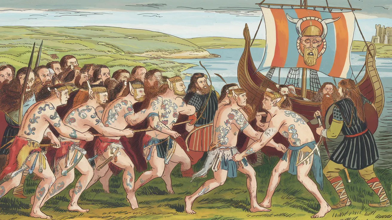 Illustration depicting Pictish and Viking interaction in Orkney.