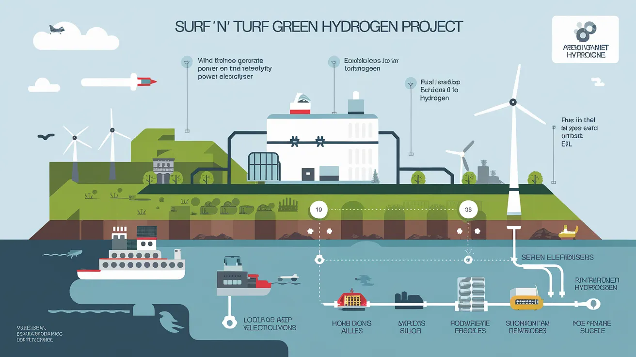 Diagram explaining the Surf 'n' Turf green hydrogen project in Orkney.