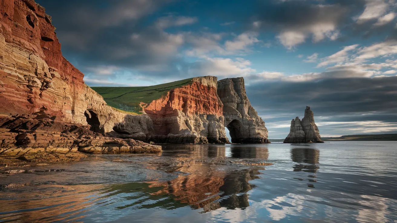 Dramatic coastal cliffs at Yesnaby, Orkney, showing layers of Old Red Sandstone.