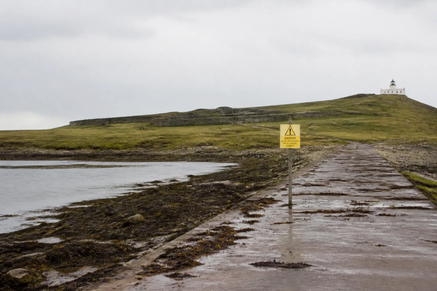Tidal causeway to the Brough of Birsay at low water — concrete path strewn with kelp and bladder wrack leading out to the green tidal island with its small white lighthouse on the highest point