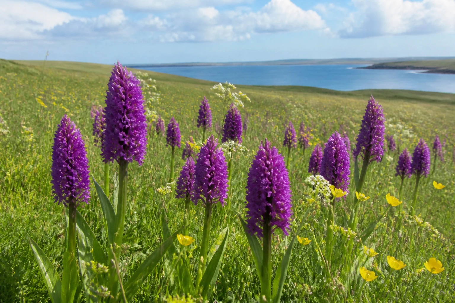 Damp coastal machair meadow on Orkney in late June with dozens of upright Northern Marsh Orchid Dactylorhiza purpurella flower spikes of bright reddish-purple florets standing above the summer grasses, yellow buttercups and white meadowsweet, blue sea and low headland in the far background under a partly-cloudy summer sky
