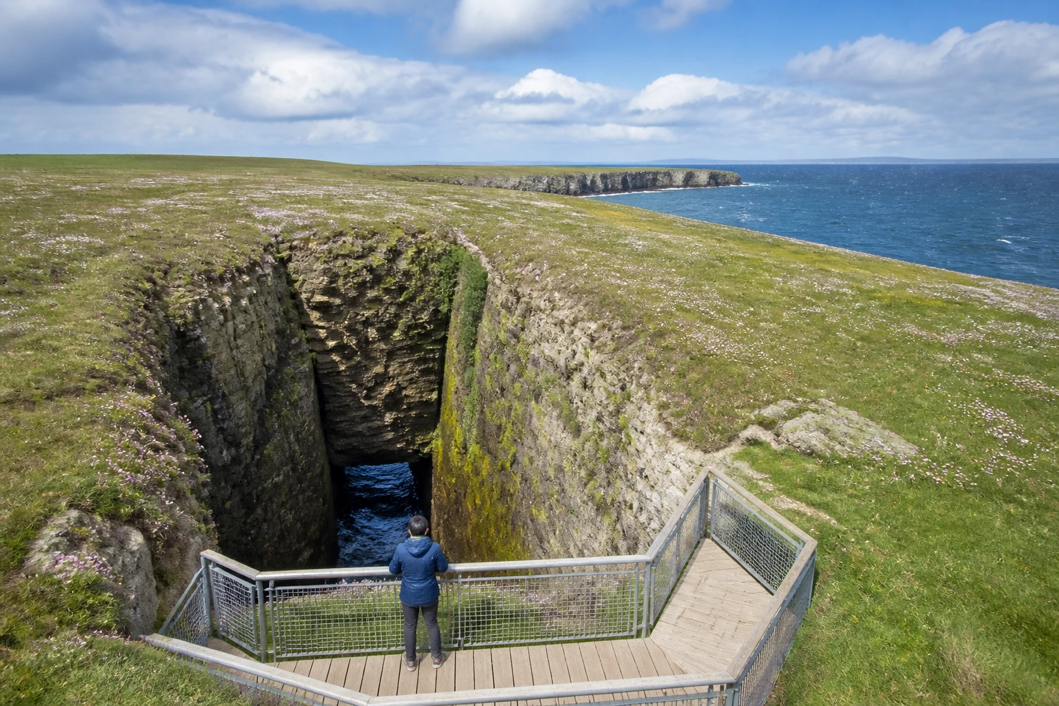 The Gloup at Mull Head on Orkney's east Mainland — a large rectangular collapsed sea cave in the grassy clifftop with vertical rocky walls dropping vertically to a tidal sea cave below, a wooden and metal viewing platform with safety railings on the rim, a single visitor in a waterproof jacket leans on the railing looking down, partly-cloudy summer day