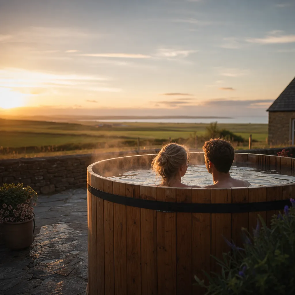 A couple relaxing in a wooden outdoor hot tub at an Orkney self-catering cottage, golden evening light, green farmland and a glimpse of sea on the horizon behind them