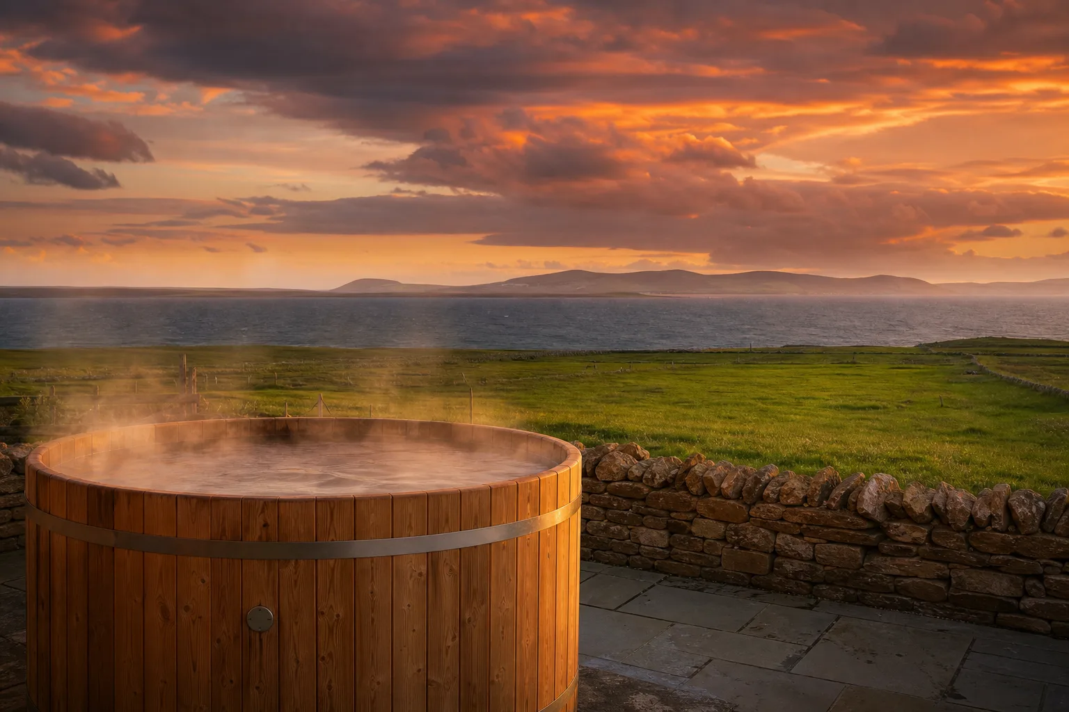 Outdoor cedar hot tub steaming in summer evening light at an Orkney self-catering cottage, green farmland and sea inlet visible beyond a low stone wall