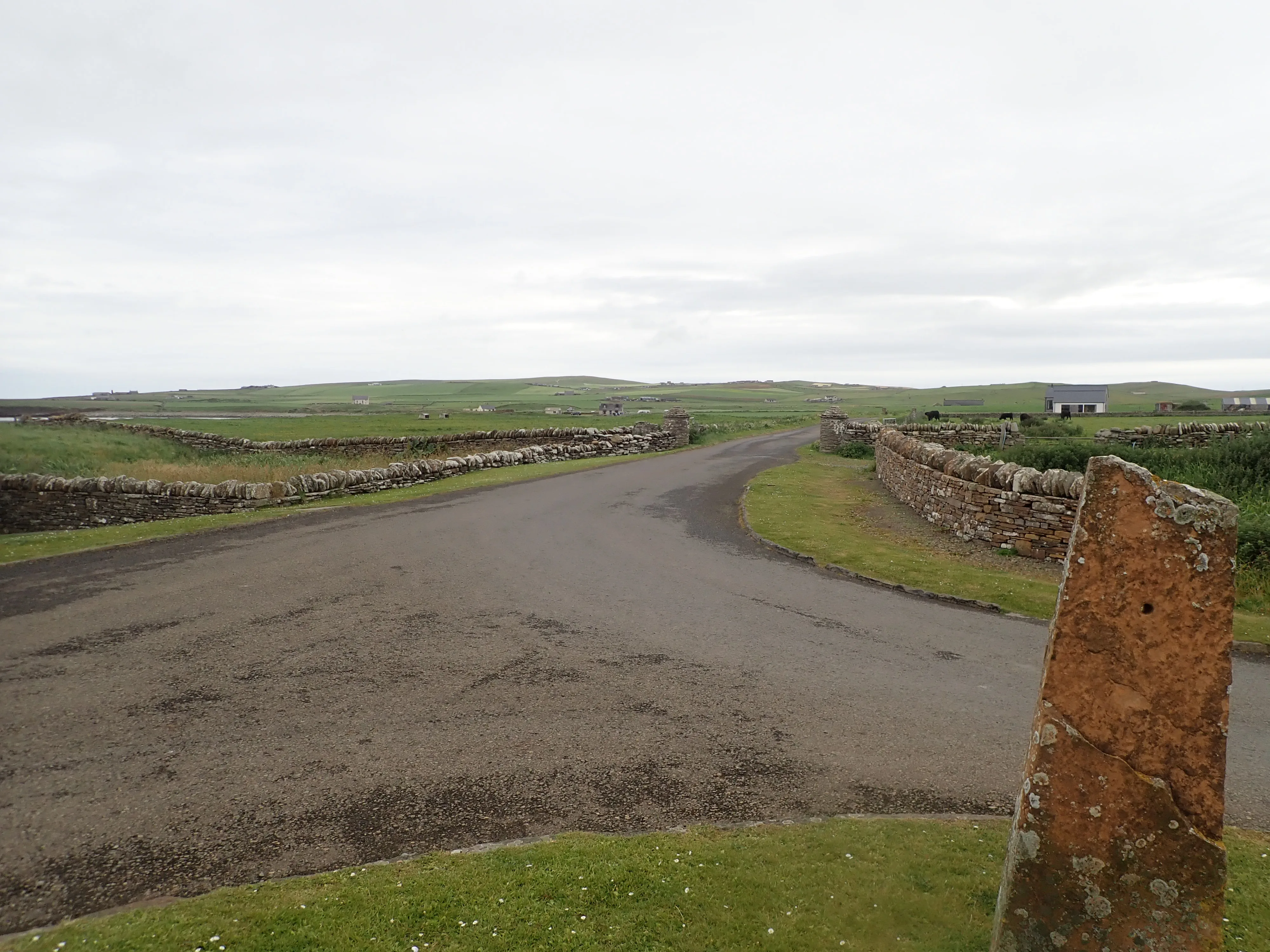 A path leading from the Skara Brae visitor centre across open farmland, bordered by traditional Orkney drystone walls