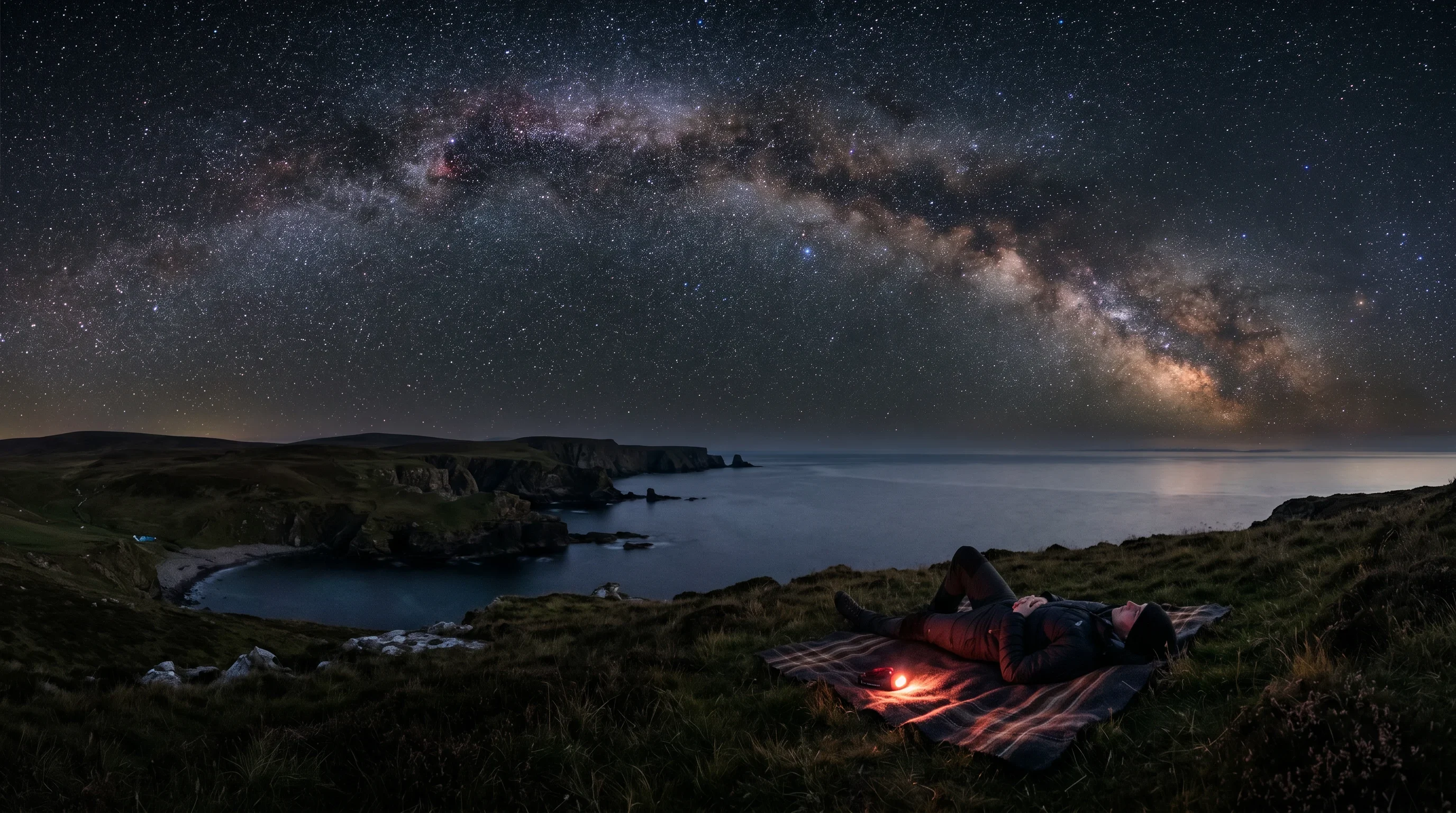 The Milky Way arching over a dark Orkney coastline as a single 'starbather' lies back on the grass to take in the night sky
