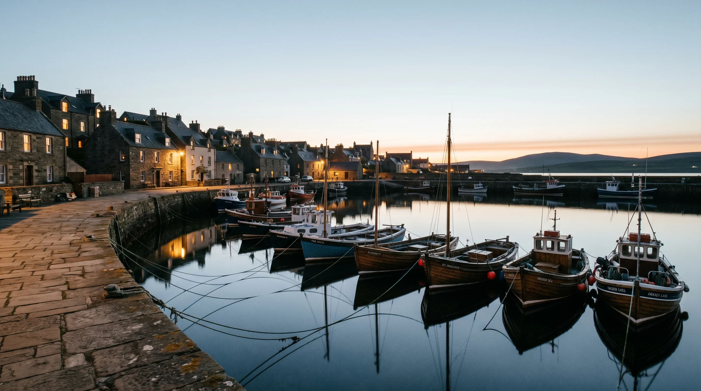 Stromness harbour at 11pm in mid-June during the Simmer Dim — the sky still luminous pale blue-grey with a soft orange band low on the horizon