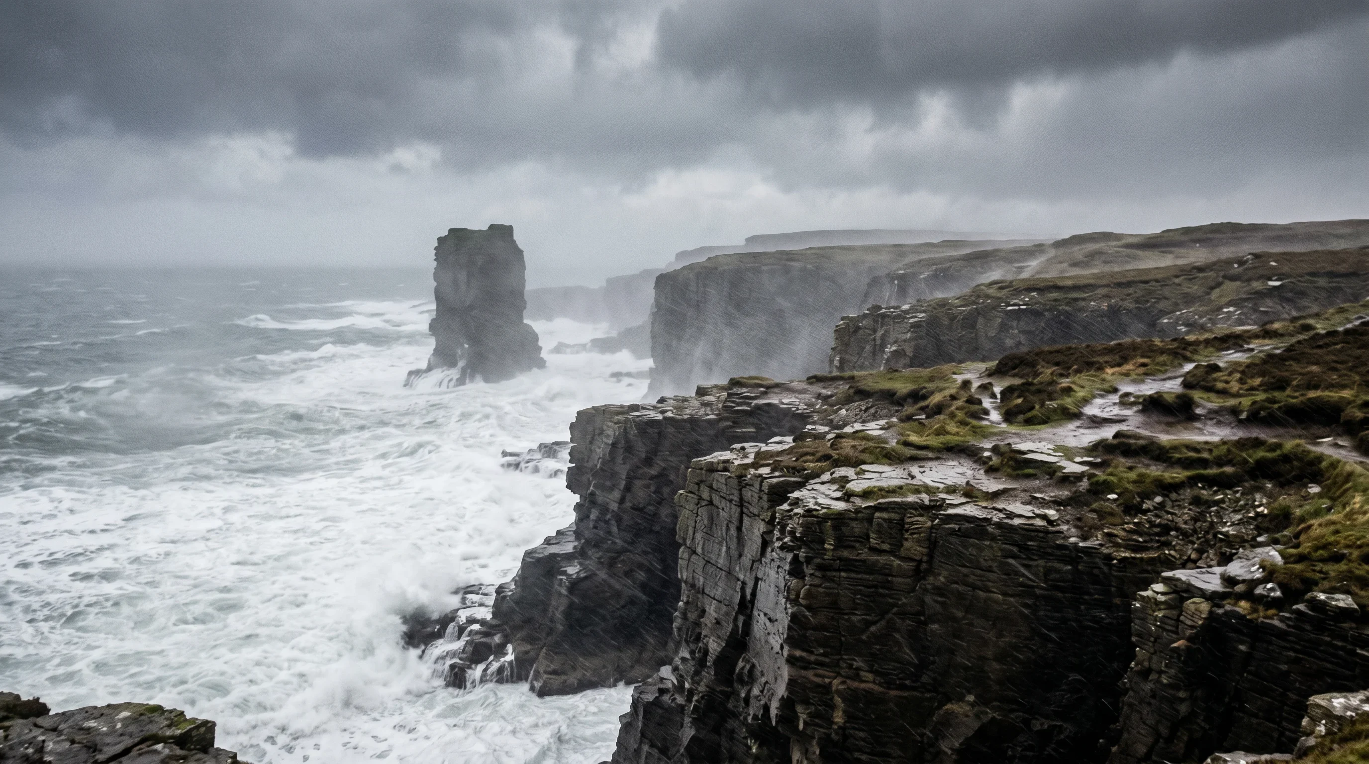 A stormy autumn day at Yesnaby sea cliffs, West Mainland of Orkney, with rain blowing across the dark sandstone and the Yesnaby Castle sea stack in the haze