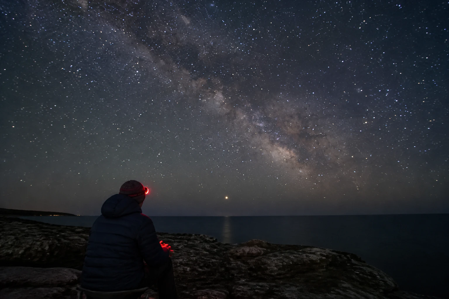 Long-exposure night photograph at a low coastal headland in Orkney showing a single stargazer in a thick navy padded jacket and woolly hat sitting on a flat rock with their back partly to the camera, wearing a dim red astronomer's headtorch that rim-lights only the hood, looking up at the bright Milky Way arching across the sky from upper left to lower right above the dark sea with a single bright planet low on the horizon