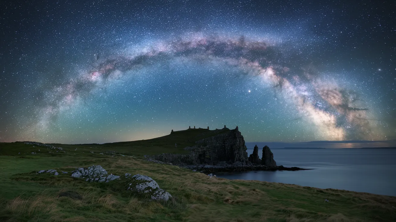The Milky Way galaxy arching over a dark Orkney landscape.
