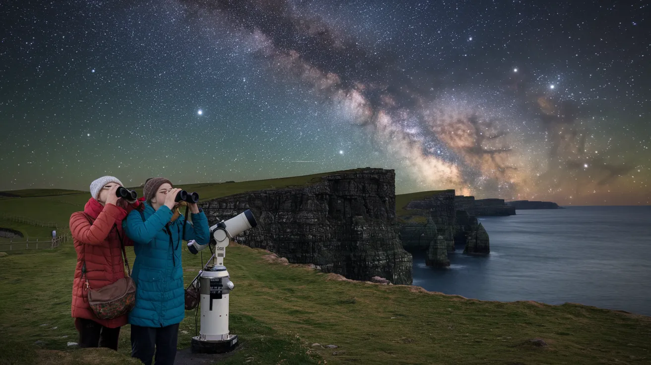 Stargazers using binoculars and telescope in Orkney.