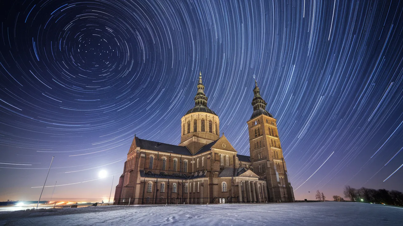 Star trails circling over an Orkney landmark.