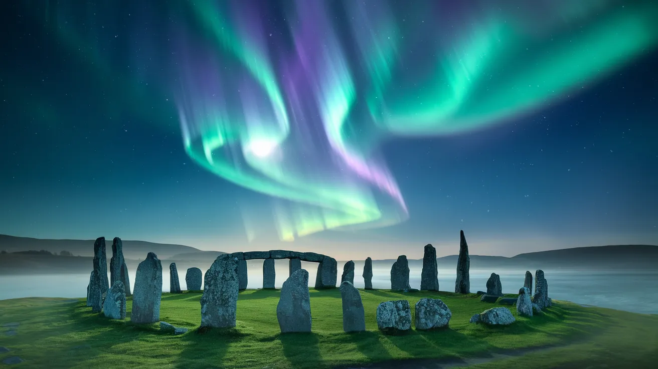 Spectacular Northern Lights (Aurora Borealis) over the Ring of Brodgar, Orkney.
