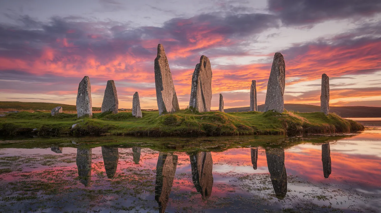 Stones of Stenness silhouetted against a vibrant Simmer Dim sky.