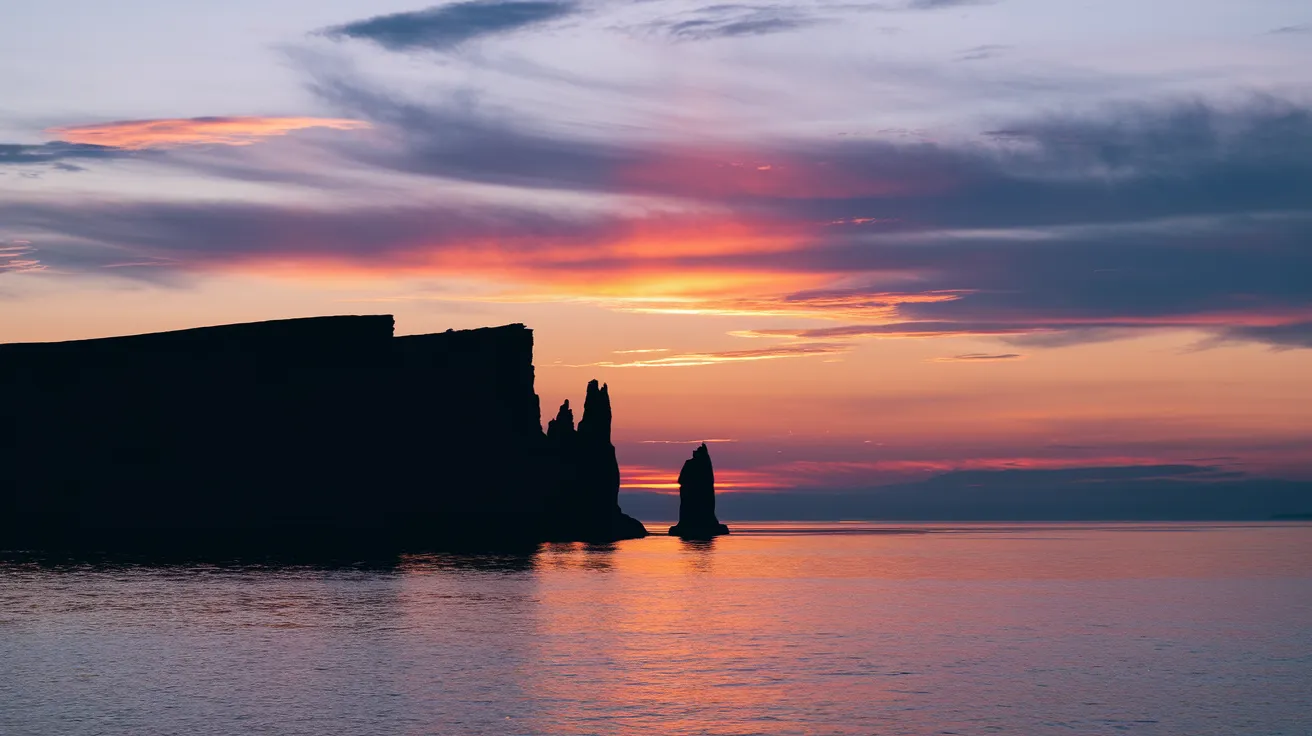 Time-lapse style image of the Simmer Dim twilight over Yesnaby cliffs, Orkney.