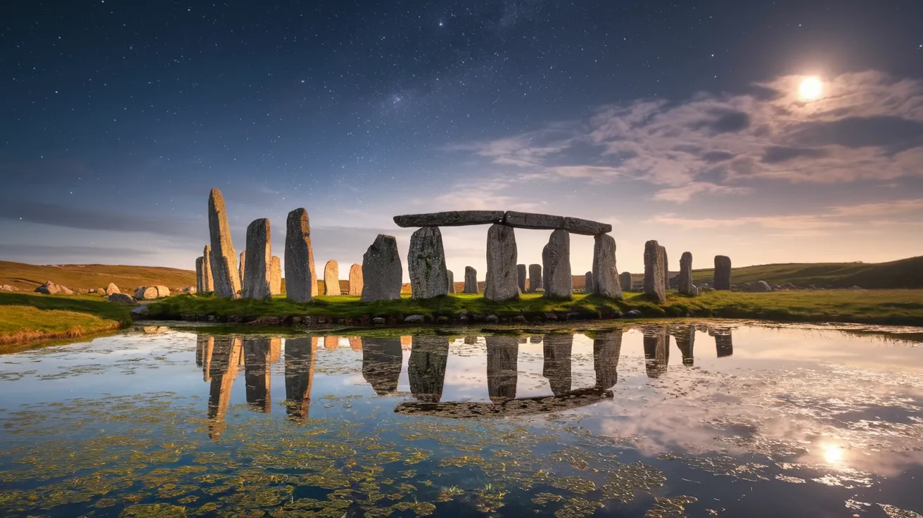Panoramic view of Ring of Brodgar during Simmer Dim twilight at summer solstice.