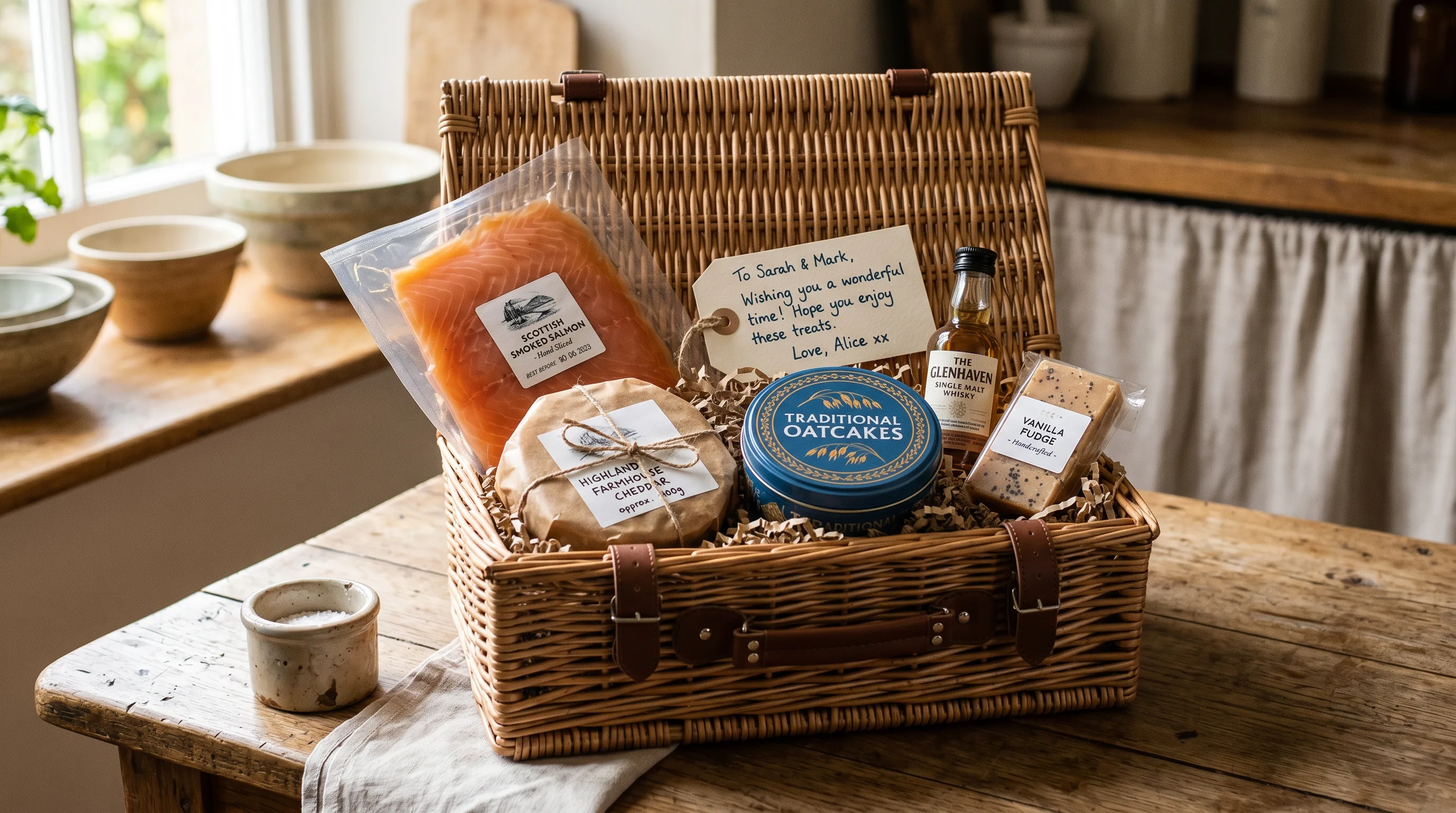 An open wicker hamper on a wooden kitchen table containing smoked salmon, a round of farmhouse cheese, a tin of traditional oatcakes, a whisky miniature and a bar of vanilla fudge, with a handwritten gift card tucked inside