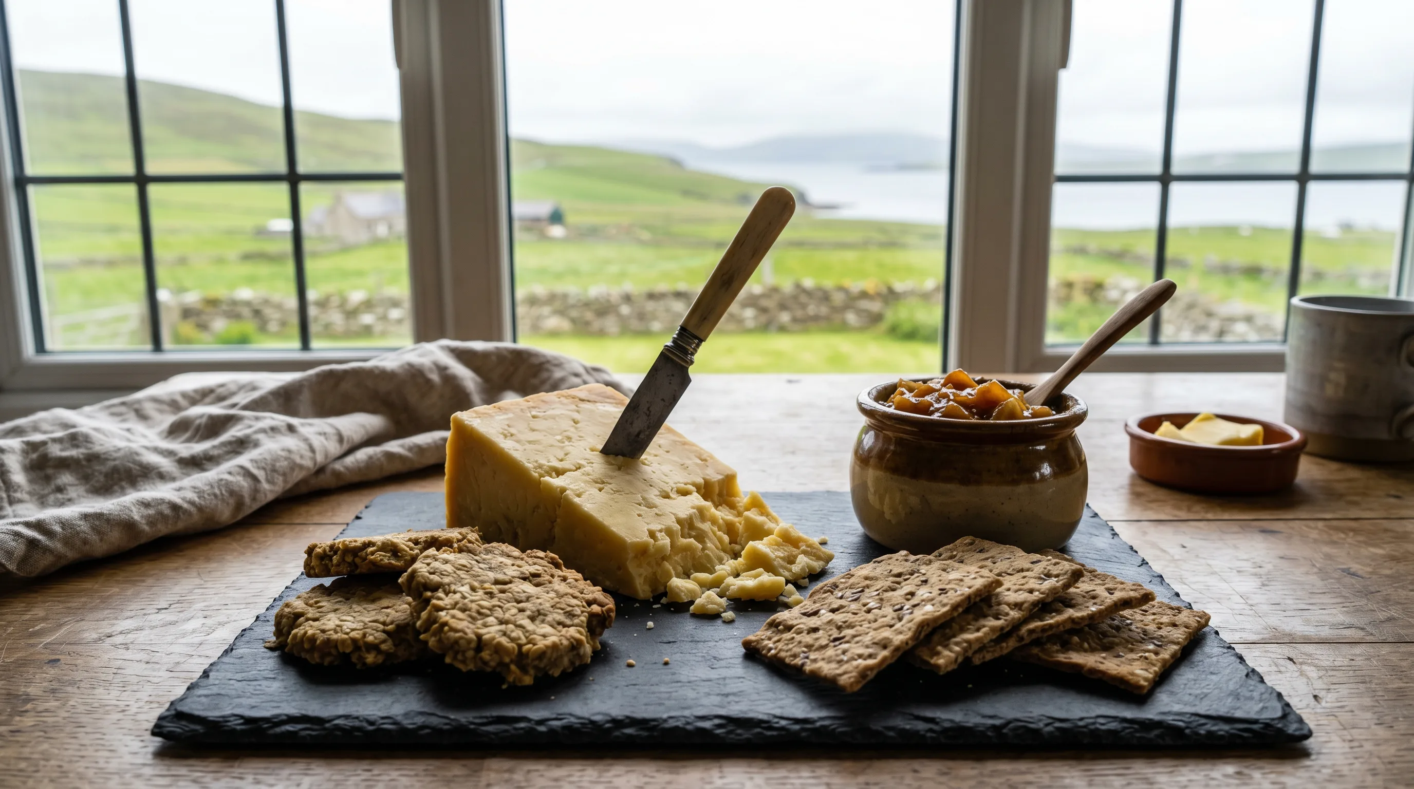 A slate board with thick handmade oatcakes and crispbreads alongside a wedge of crumbly Orkney Cheddar and a pot of amber chutney, photographed on a table with green Orkney hills and a loch visible through the window