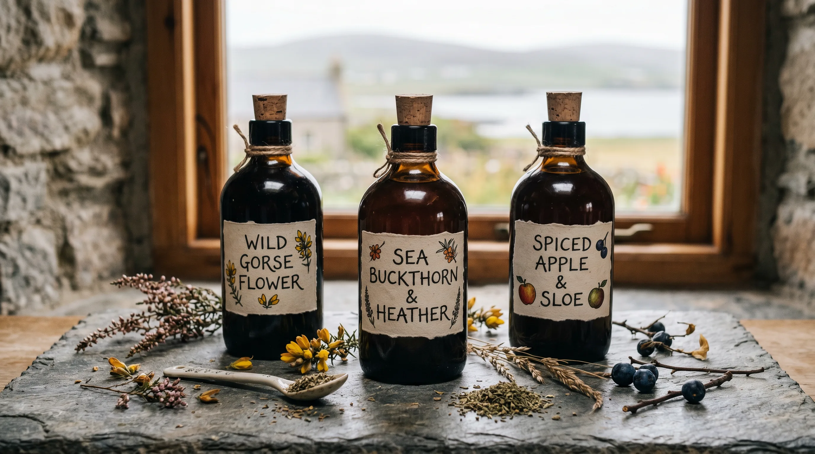 Three dark glass bottles of artisan craft vinegar with cork stoppers and botanical labels, arranged on a slate surface with dried herbs, with an Orkney hillside visible through the window behind