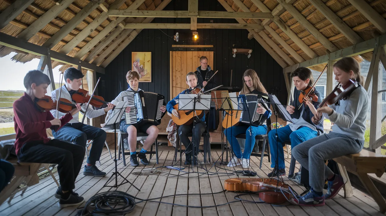Young musicians learning Orkney tunes in a workshop.