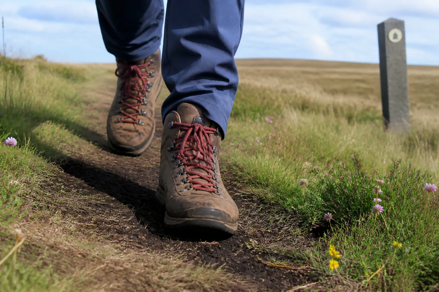 Tight close-up photo of a pair of well-worn brown leather hiking boots with red laces mid-stride on a narrow trodden footpath of dark peat and short cropped grass with tufts of pale fescue grass and small patches of pink thrift sea pink wildflowers and yellow tormentil around the boots, with a small wooden waymarker post slightly out of focus to the right