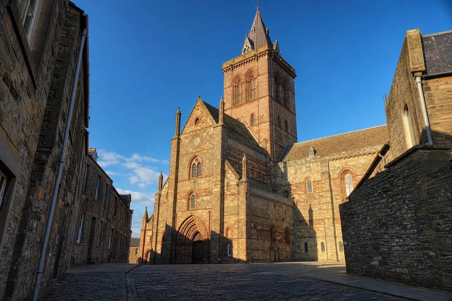 St Magnus Cathedral, Kirkwall, in warm red sandstone on a bright summer day
