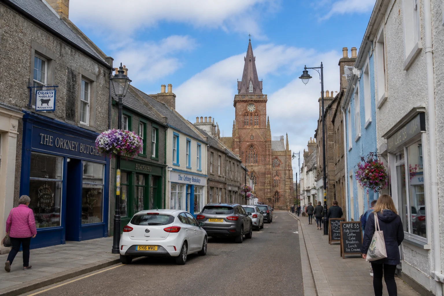 Looking down Albert Street in central Kirkwall Orkney on a Saturday morning with the red sandstone tower of St Magnus Cathedral framed at the end of the street, where to stay in Kirkwall for first-time visitors
