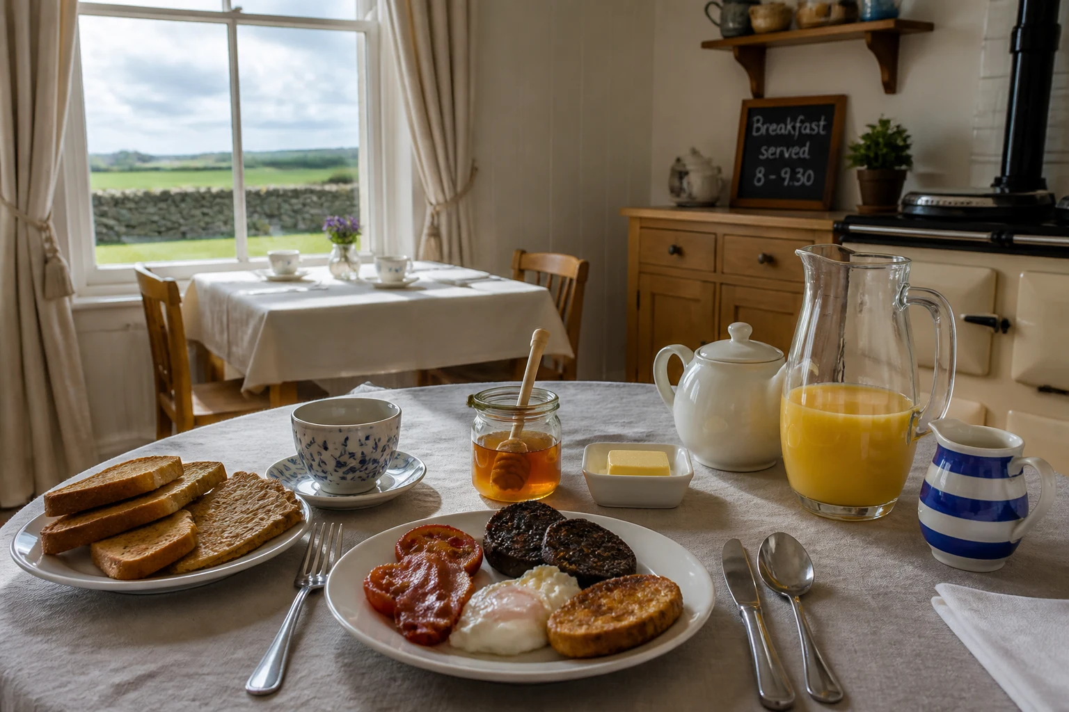 An Orcadian guest house breakfast room with a cooked Orkney breakfast on the table including bacon eggs tattie scone Stockans oatcakes and heather honey beside a sunny sash window