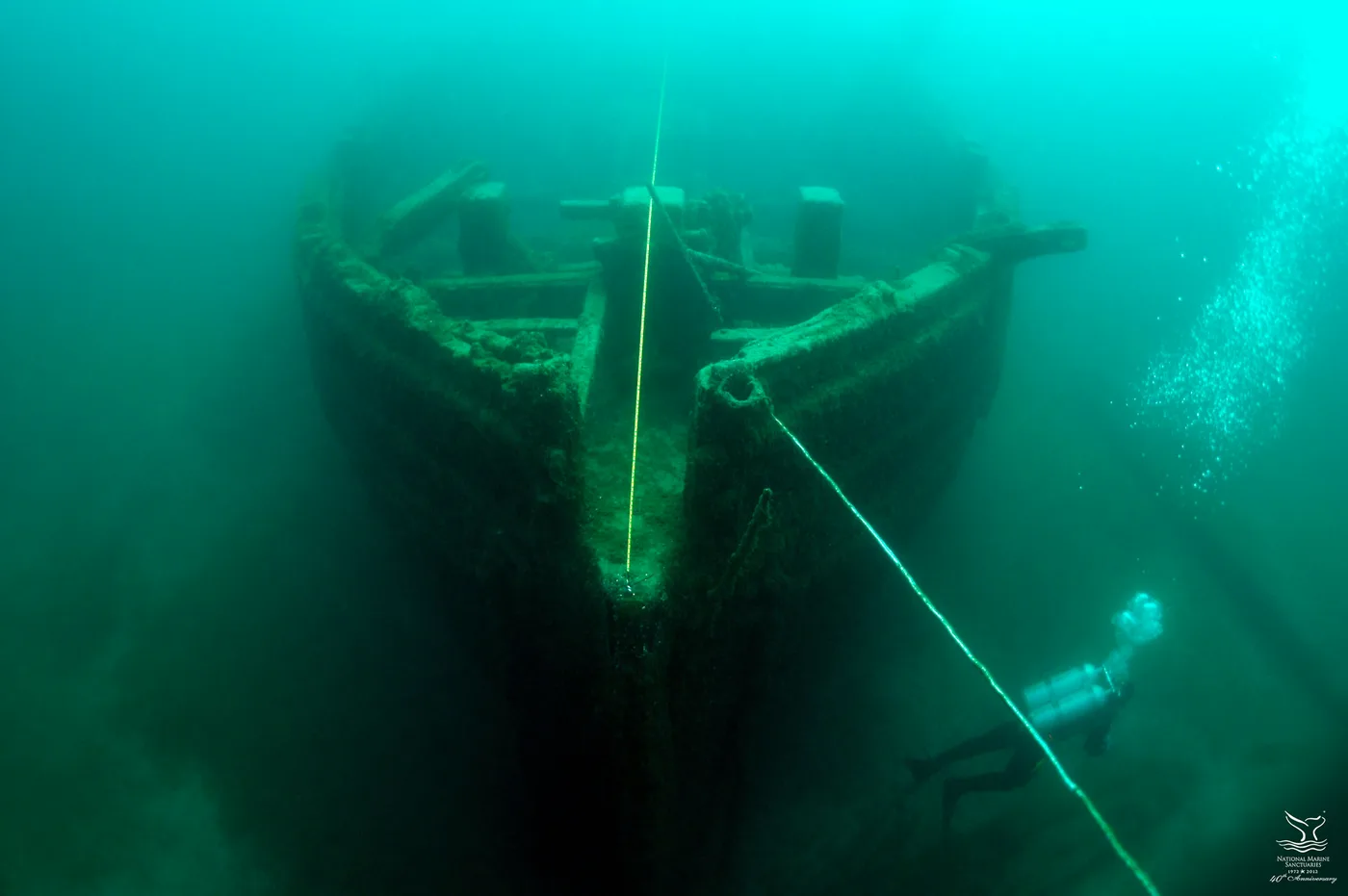 Underwater view of the schooner E.B. Allen shipwreck in Thunder Bay National Marine Sanctuary, Lake Huron