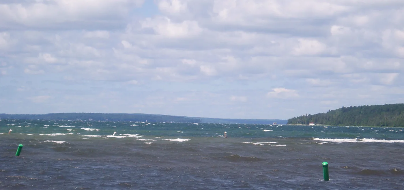 Burt Lake, Michigan — calm blue water with pine-lined shores and a sandy beach