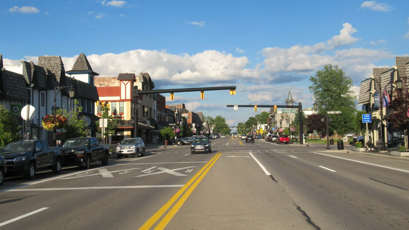 Gaylord Michigan downtown Alpine Village with Bavarian-themed storefronts along Main Street