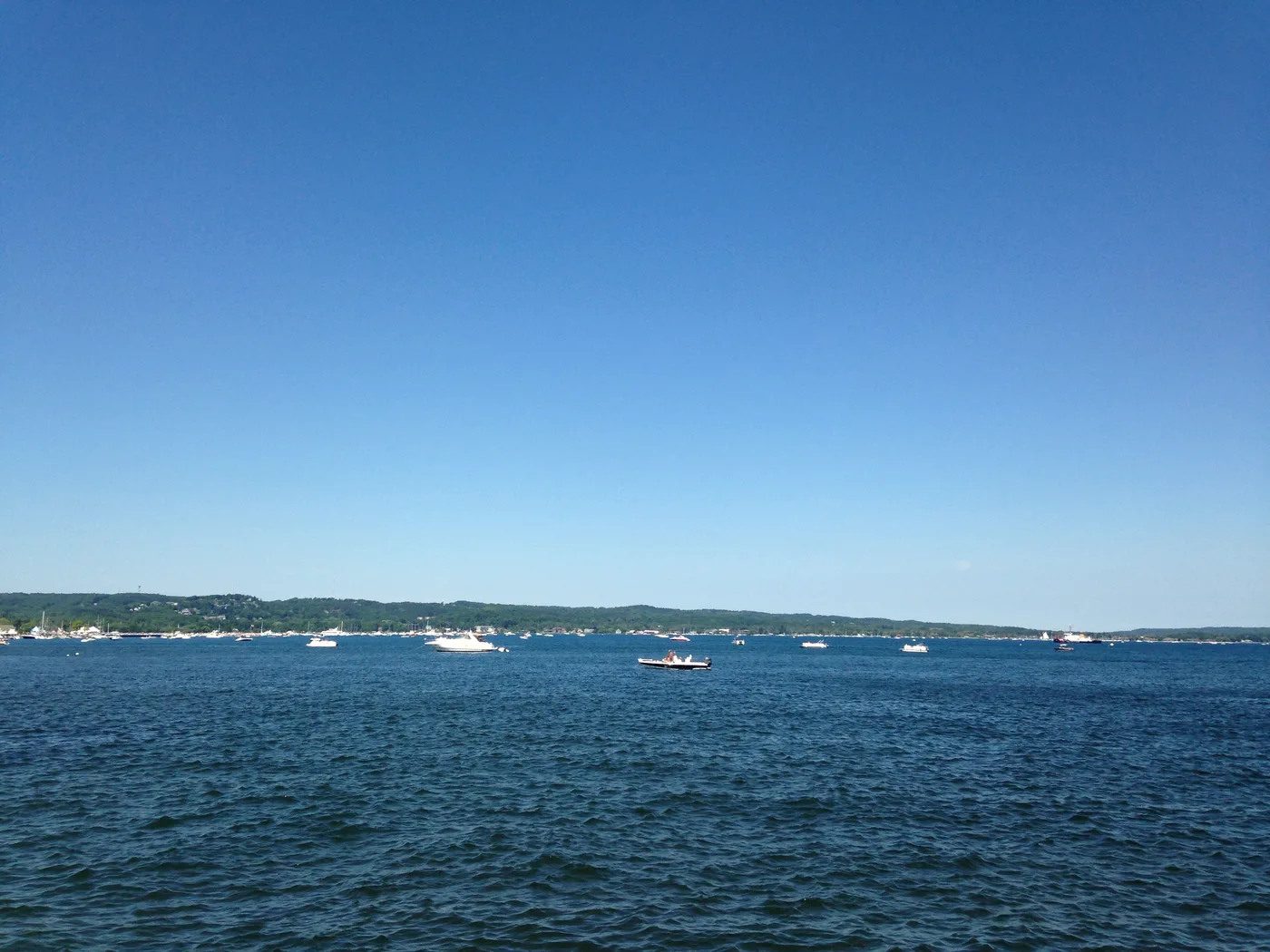 Aerial view of West Grand Traverse Bay with sailboats and the Traverse City shoreline, Michigan