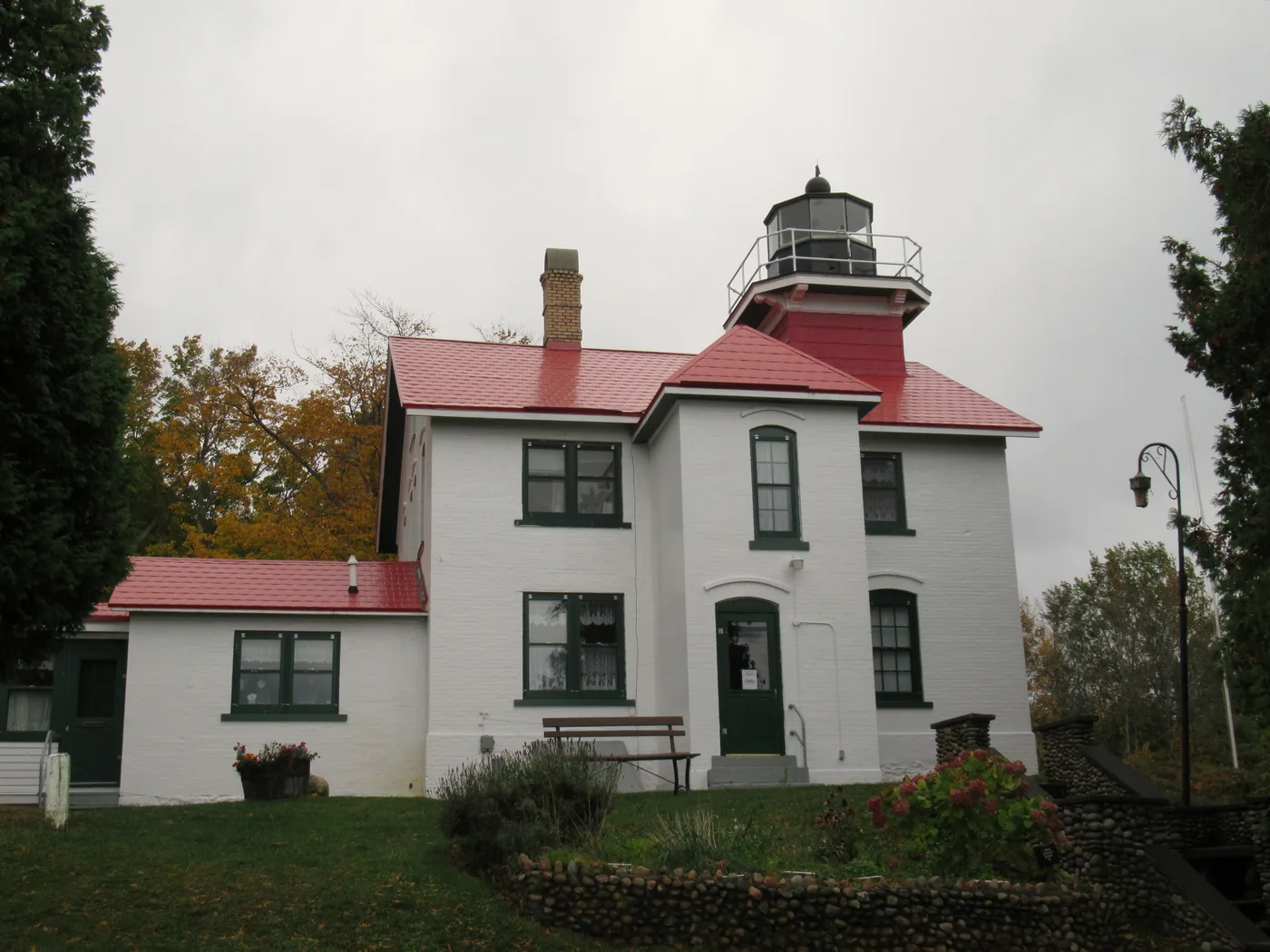 Grand Traverse Lighthouse Flemish revival building with nine-sided tower at the tip of the Leelanau Peninsula inside Leelanau State Park, Michigan