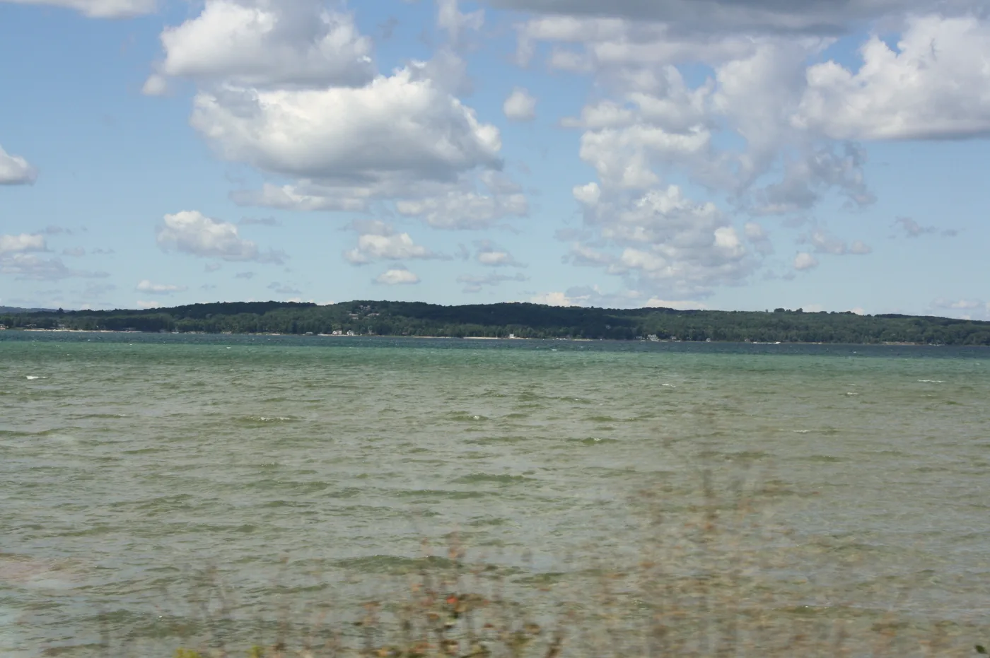 Grand Traverse Bay East Arm viewed from Old Mission Peninsula looking west across calm blue water