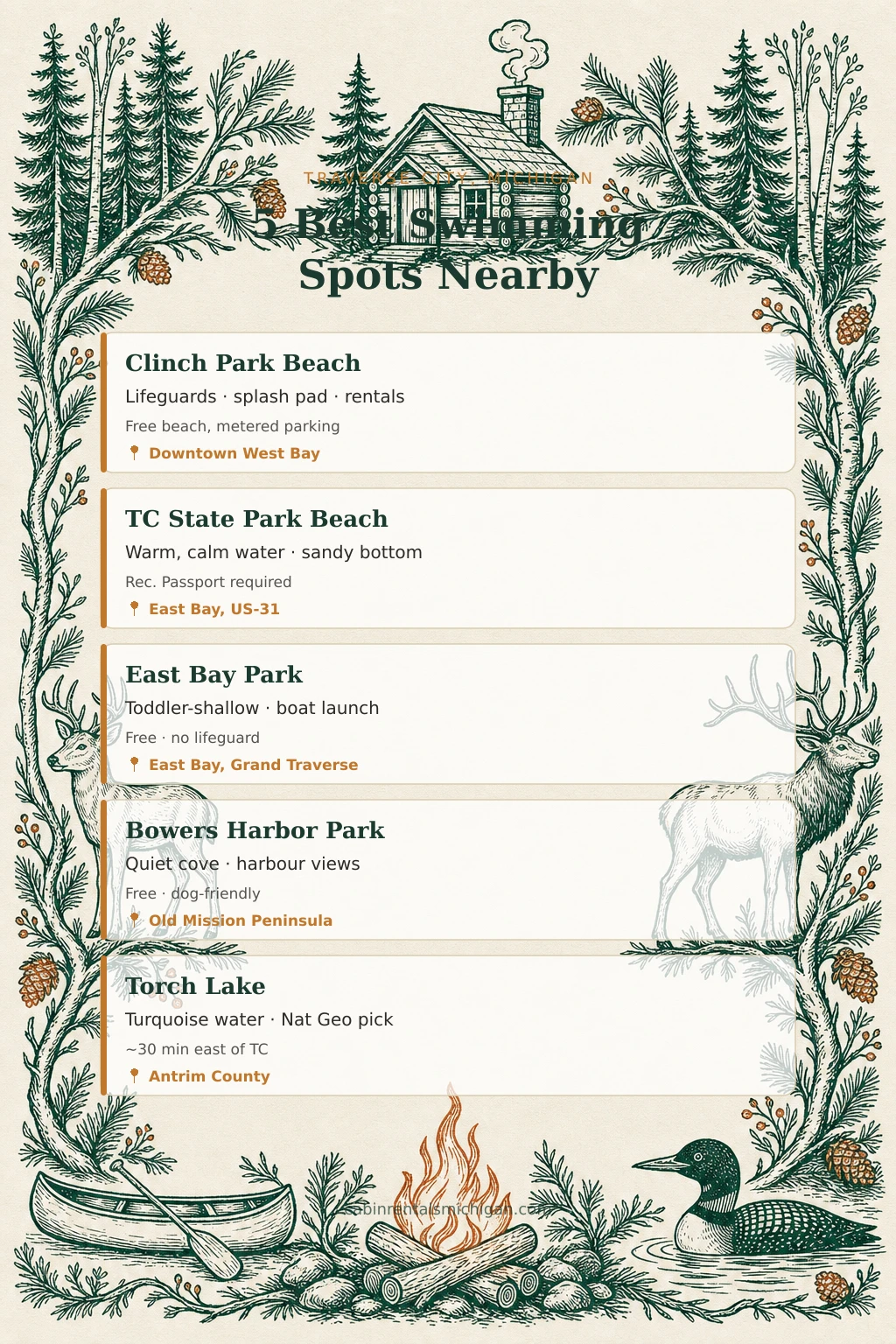 Infographic: 5 best swimming spots near Traverse City Michigan — Clinch Park Beach, TC State Park Beach, East Bay Park, Bowers Harbor, Torch Lake