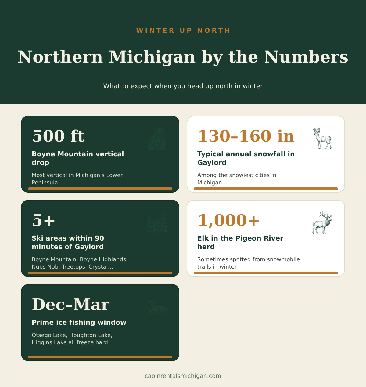 Key winter facts for Up North Michigan: Boyne Mountain 500 ft vertical, 130-160 inches annual snowfall in Gaylord, 5+ ski areas within 90 minutes, 1000+ elk in Pigeon River herd, December-March prime ice fishing