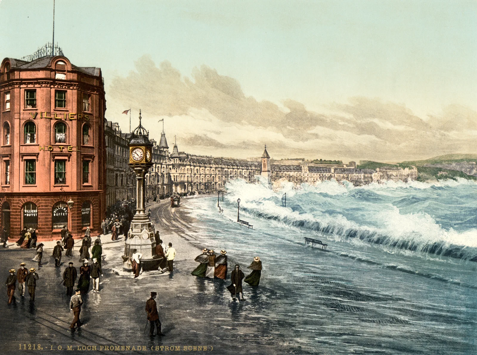 A colour-tinted Victorian print of Loch Promenade in Douglas, with a clock tower, hotels, strolling crowds and waves breaking over the sea wall