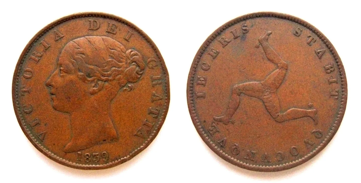 Both faces of an 1839 Isle of Man copper coin: Queen Victoria's head, and the three legs of Man ringed by the Latin motto
