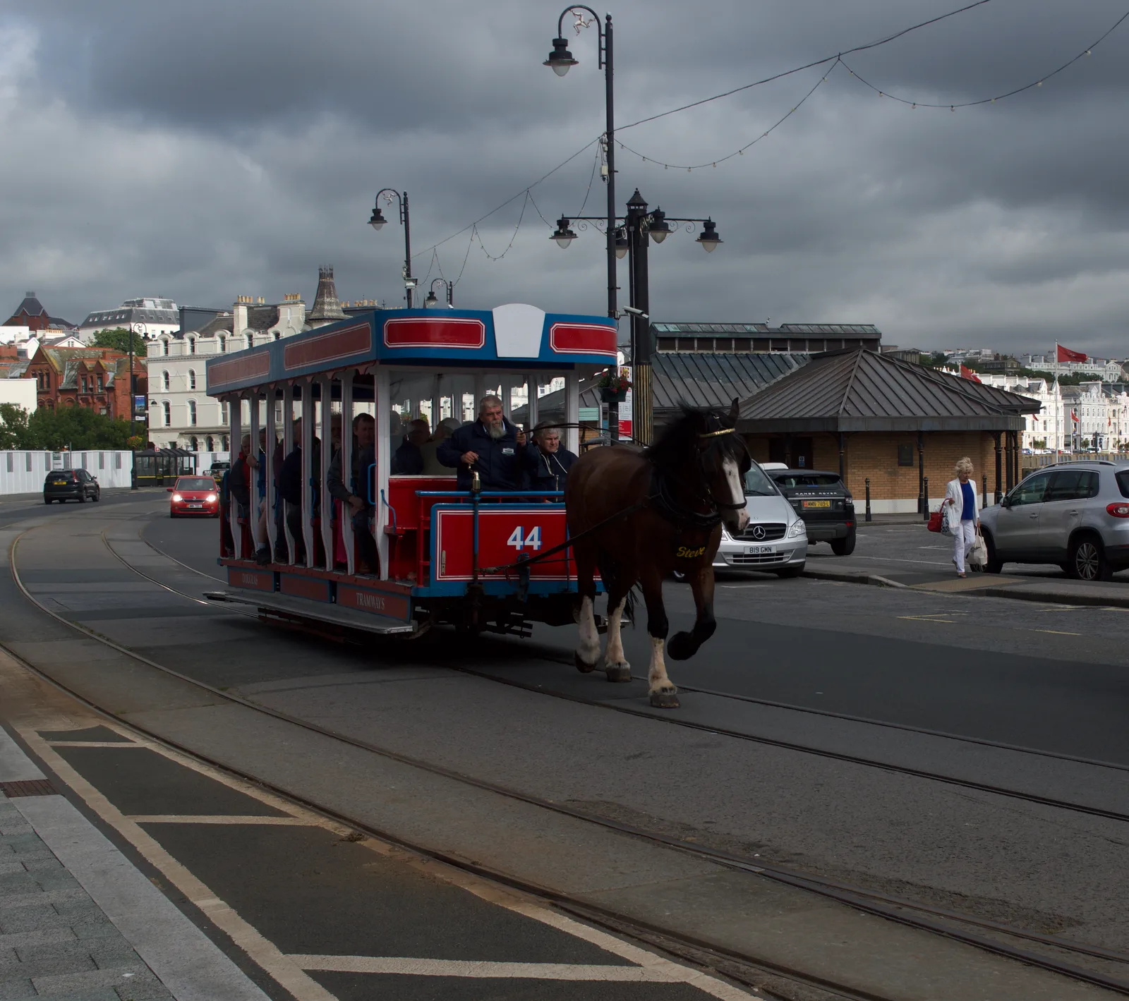 A horse-drawn tram at the southern terminus of the Douglas Bay Horse Tramway beside the Sea Terminal