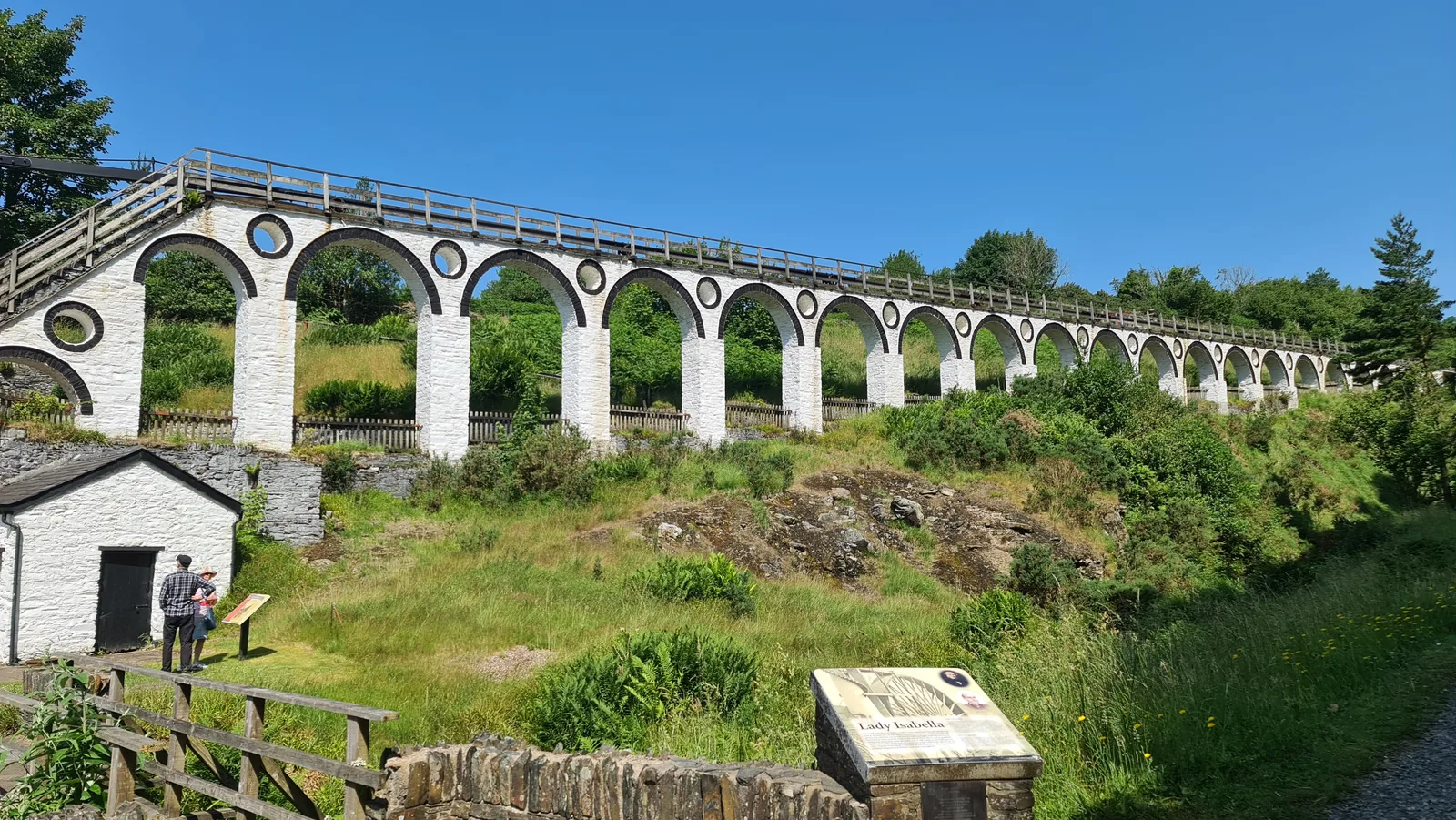 The long whitewashed pump rod viaduct at Laxey, a row of stone arches carrying a timber track across the hillside