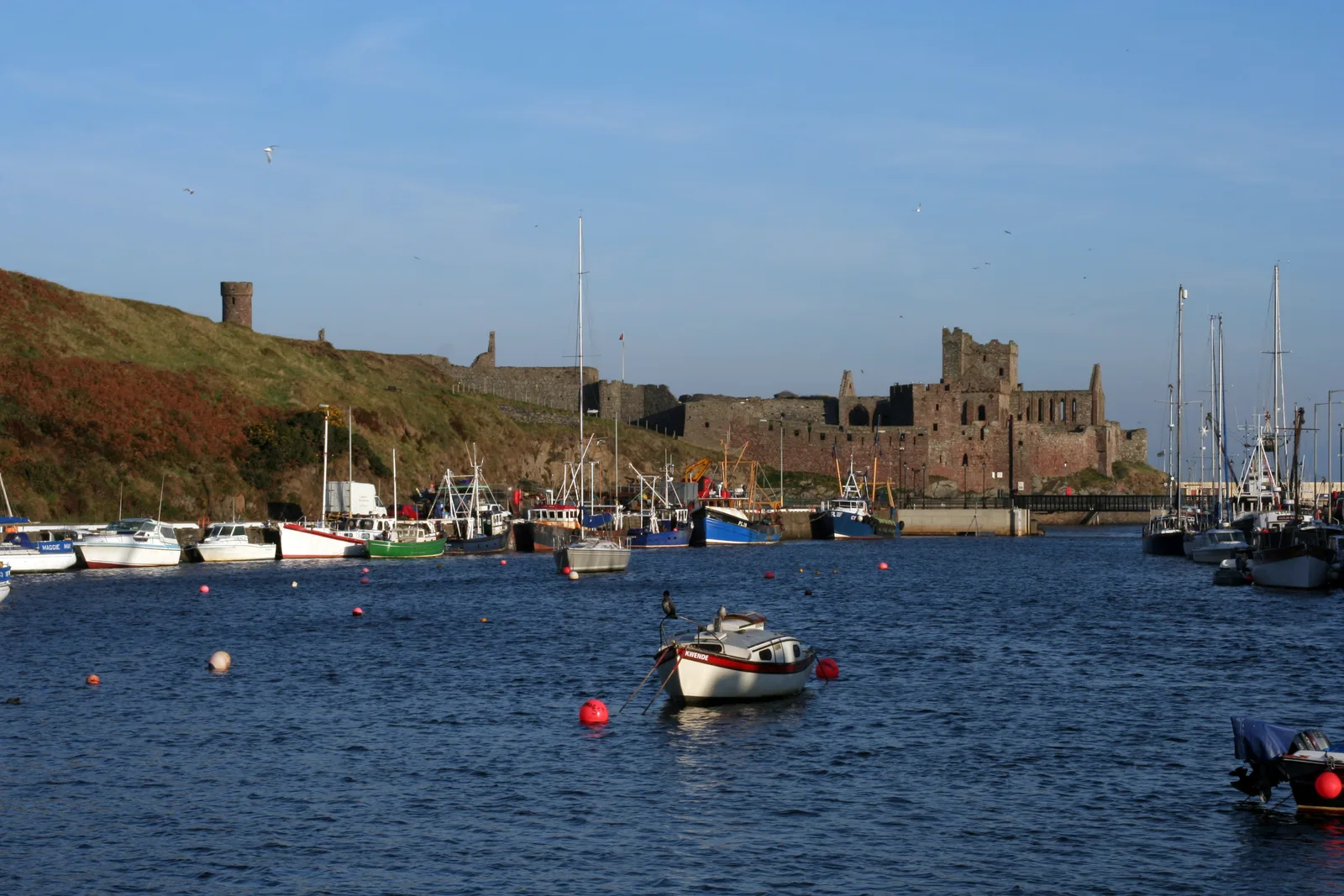 Fishing and pleasure boats moored in Peel harbour, with the red sandstone walls and towers of Peel Castle beyond