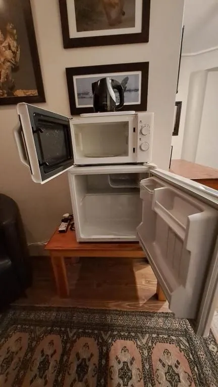 Kitchenette corner with a microwave, kettle and bar fridge on a side table