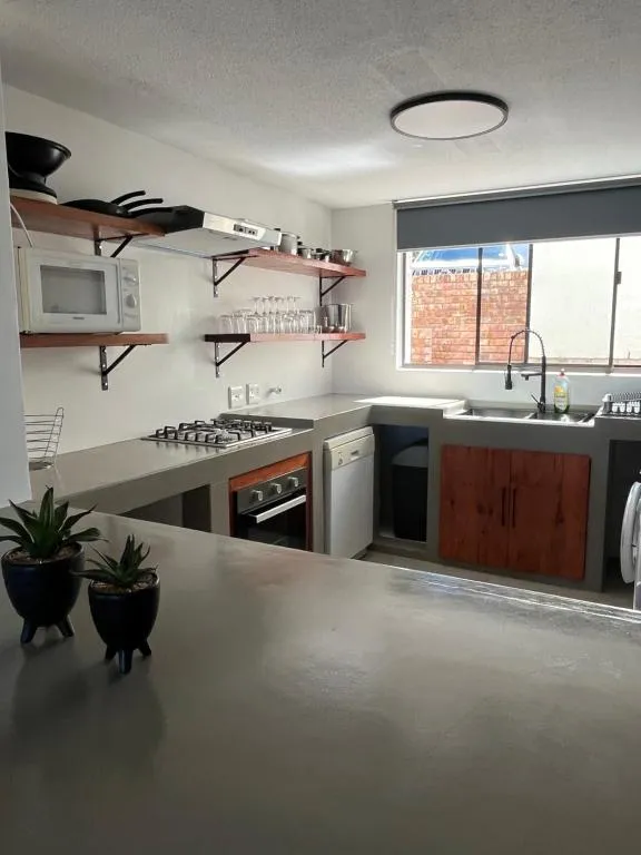 Kitchen with open wood shelving, a gas hob and dishwasher