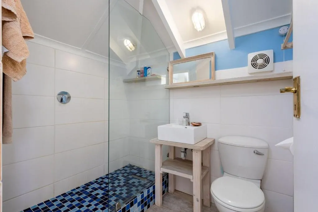 Bathroom with glass-walled shower finished in blue mosaic tile, freestanding basin and toilet