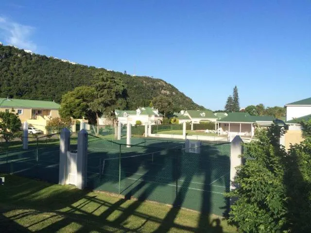 Estate tennis courts fenced against a wooded mountain backdrop