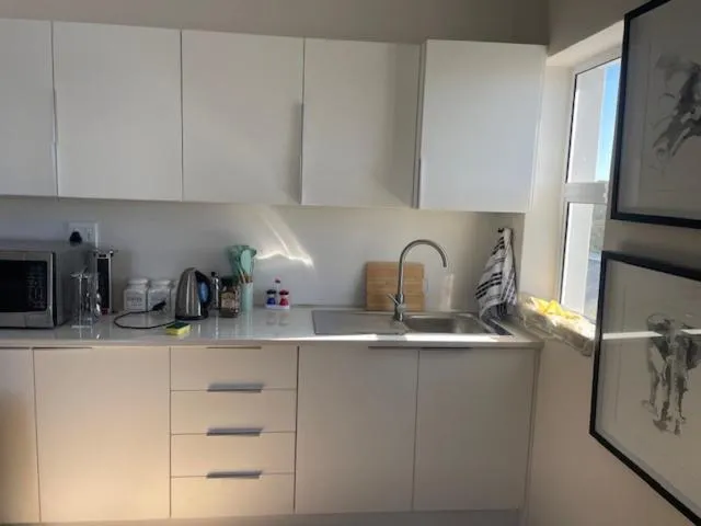 Kitchen cabinetry with sink, kettle and microwave beside a window