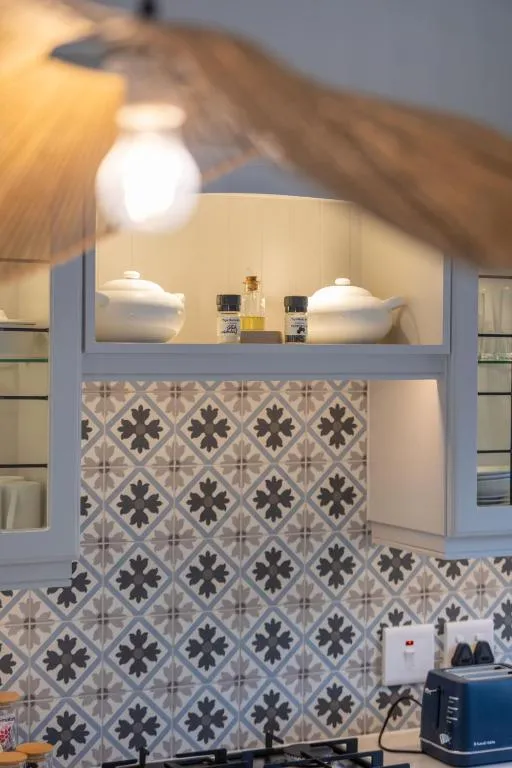 Kitchen shelf detail with a patterned tile splashback and crockery on display