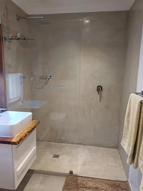 Bathroom with a walk-in glass shower, rainfall shower head and wood-topped vessel sink vanity