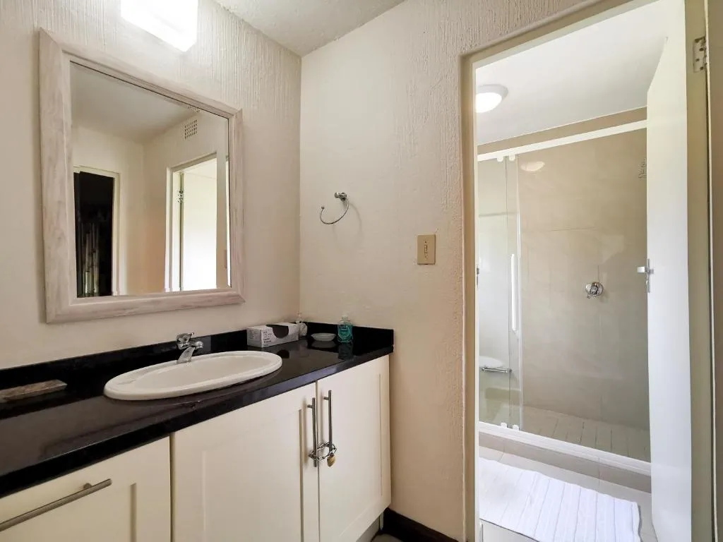 Bathroom with a dark countertop vanity, framed mirror and a separate glass-enclosed shower