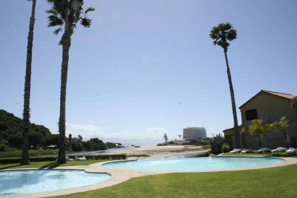 Estate swimming pool framed by tall palms, looking out to the beach and Beacon Island Hotel
